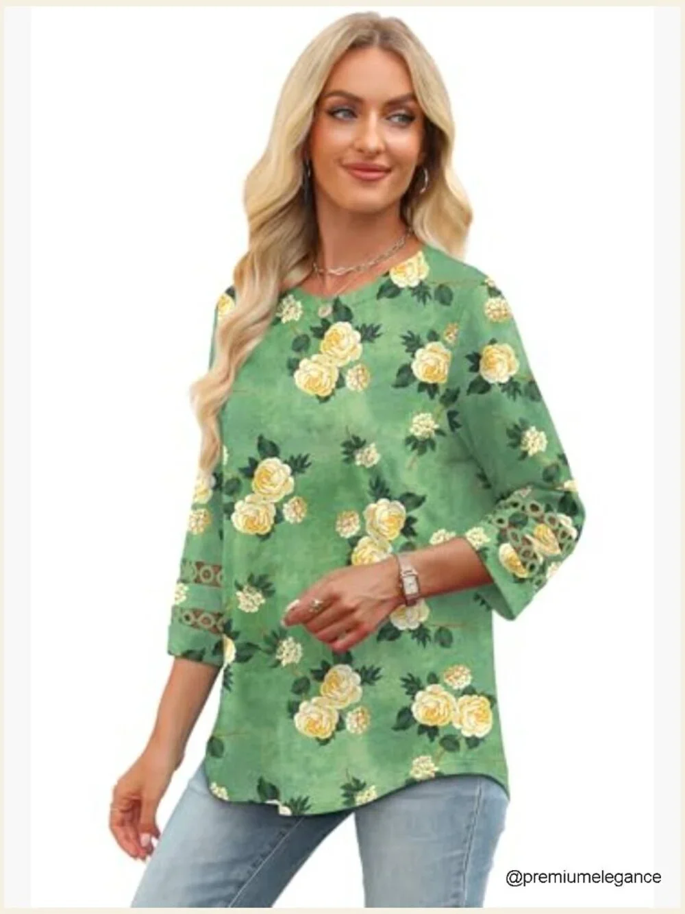 3/4 Sleeve Crewneck Blouse Loose Fit Tunic Tee Dressy Casual Top